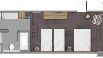Distribución de una habitación de hotel con baño, una kitchenette pequeña, dos camas y una zona de estar.