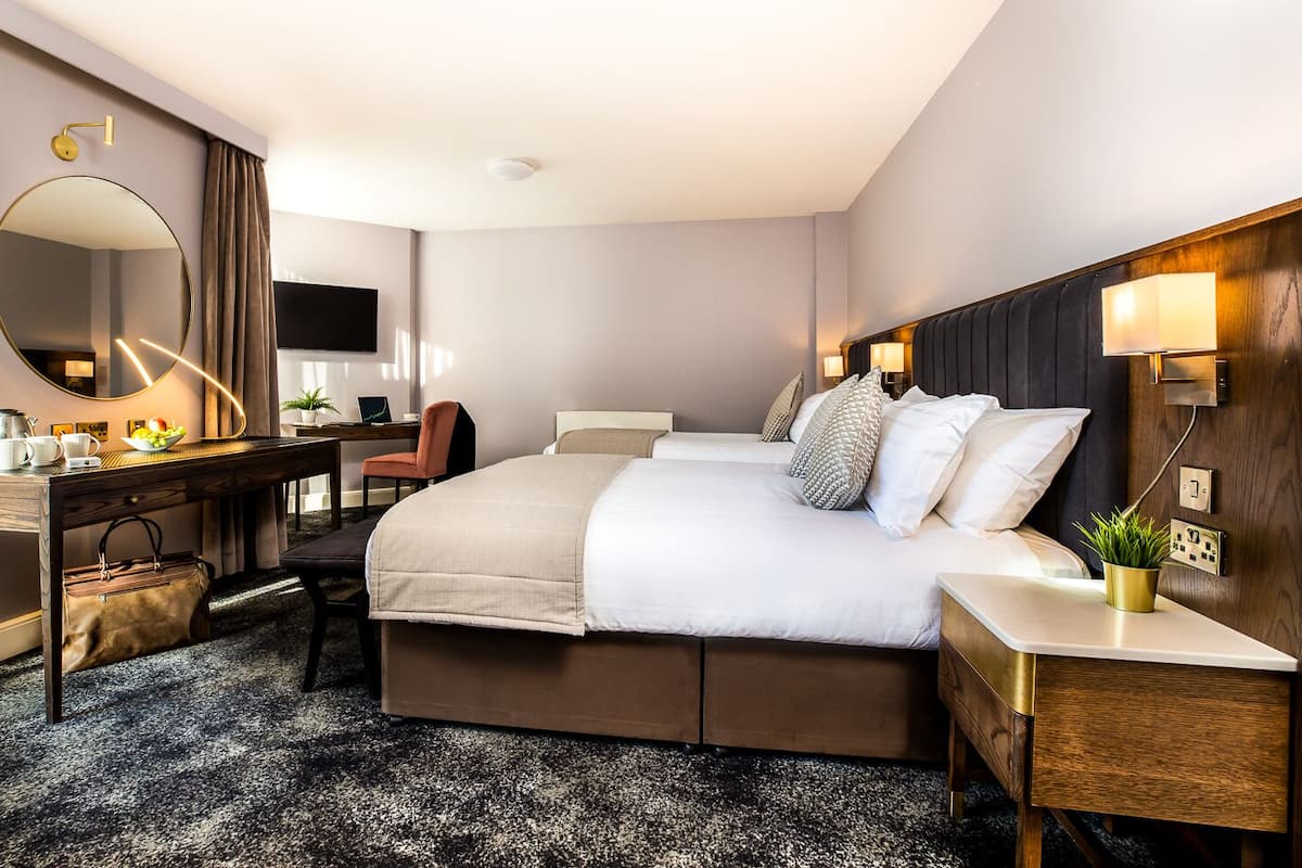 Habitación de hotel con una cama grande, un escritorio con silla, un espejo, un televisor y una mesita de noche con lámpara.