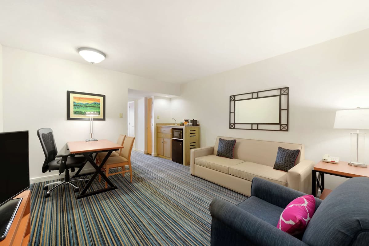 Ein Hotelzimmer mit Schreibtisch, zwei Sofas, einem Fernseher, einem Esstisch und einer Küchenzeile.