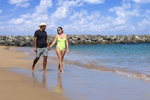 On the beach, sun loungers, beach towels, beach massages
