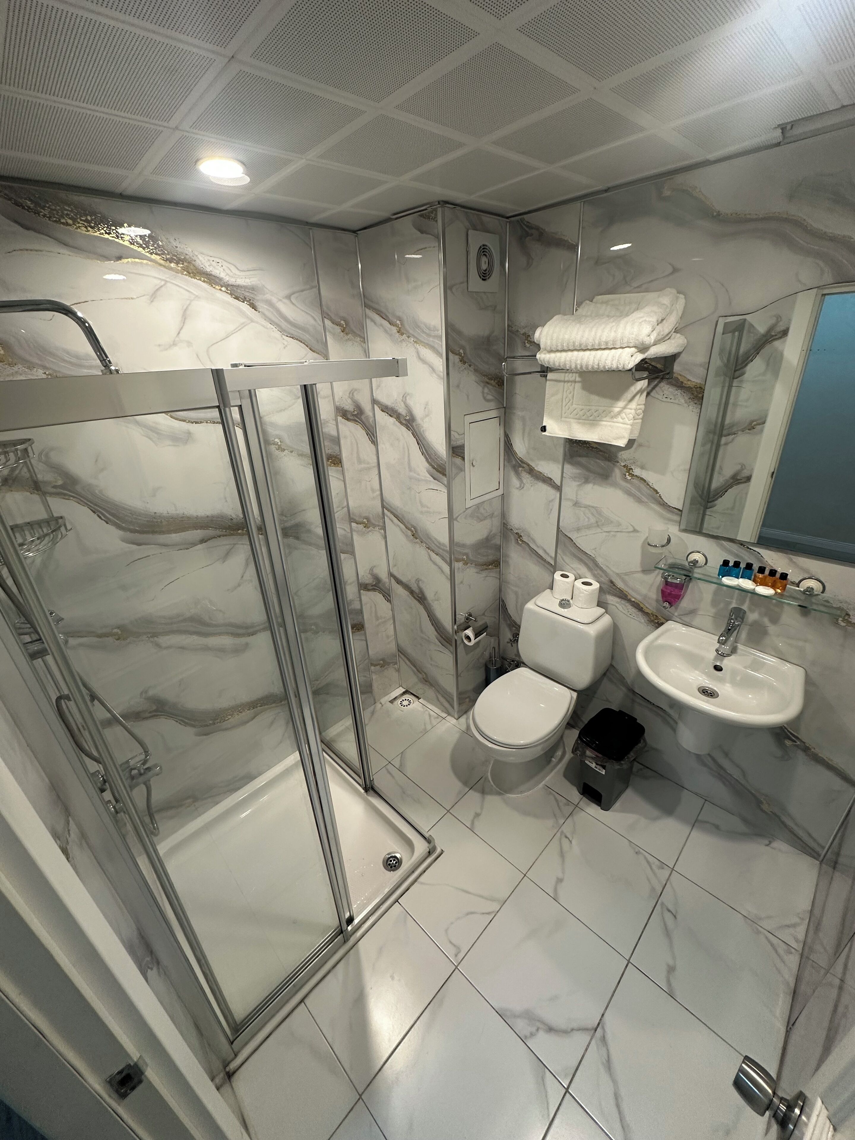 Une salle de bain moderne avec une douche à parois de verre, des toilettes et un lavabo.