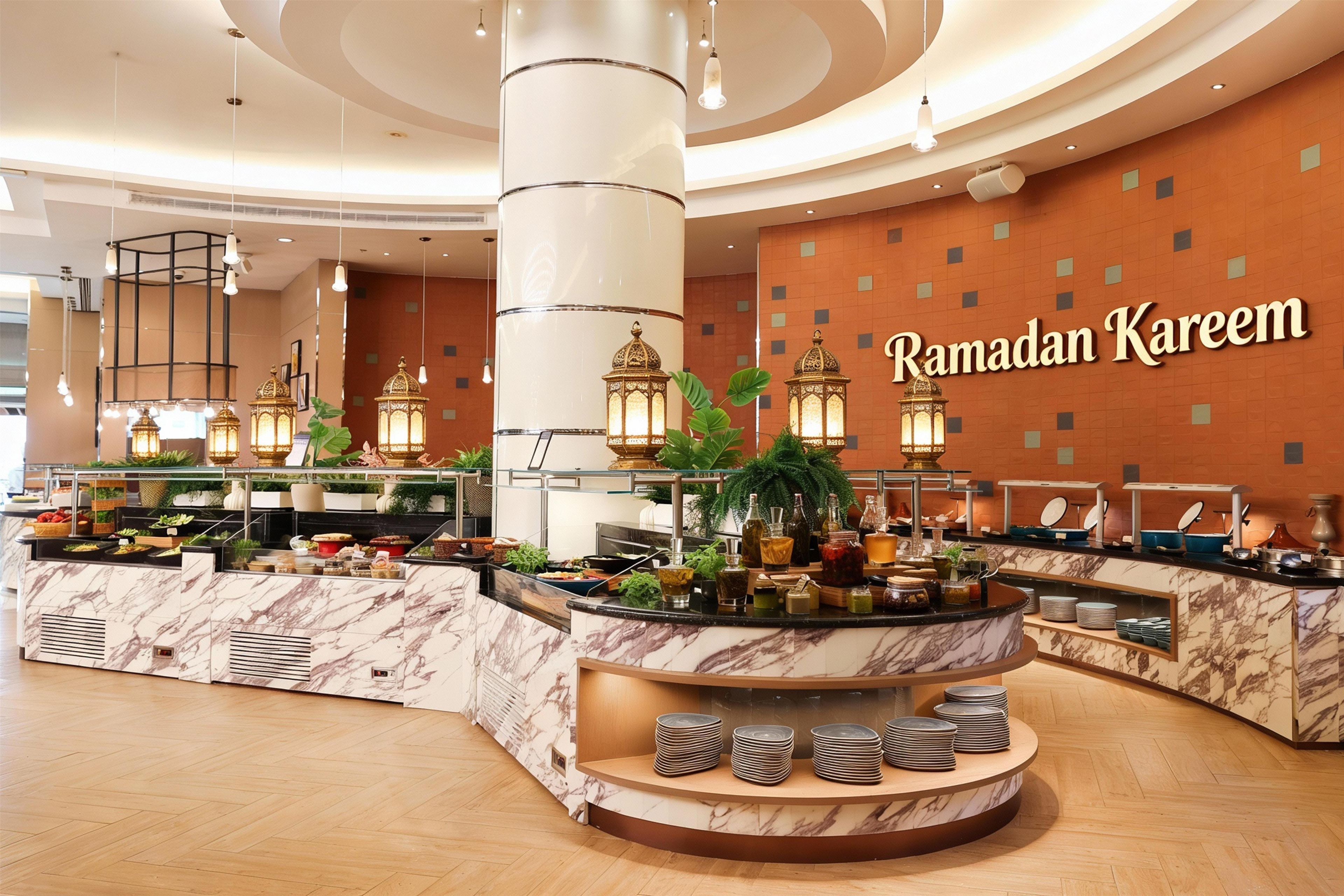 Un espace d’accueil d’hôtel avec un comptoir en marbre, un buffet proposant divers plats et un mur où est affiché le message « Ramadan Moubarak ».