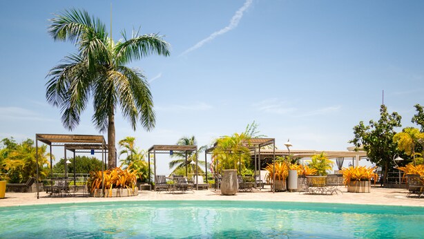 Un espace piscine doté de chaises longues, de palmiers et de coins salon abrités.