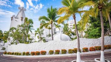 A white building with a dome, surrounded by palm trees and orange flowers.