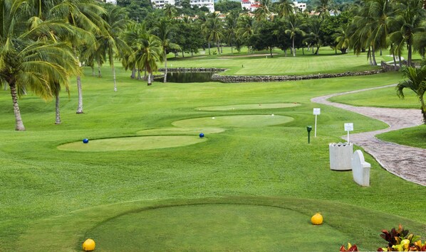 A golf course with well-maintained grass, palm trees, and a stone wall. - Las Hadas By Brisas (Manzanillo)