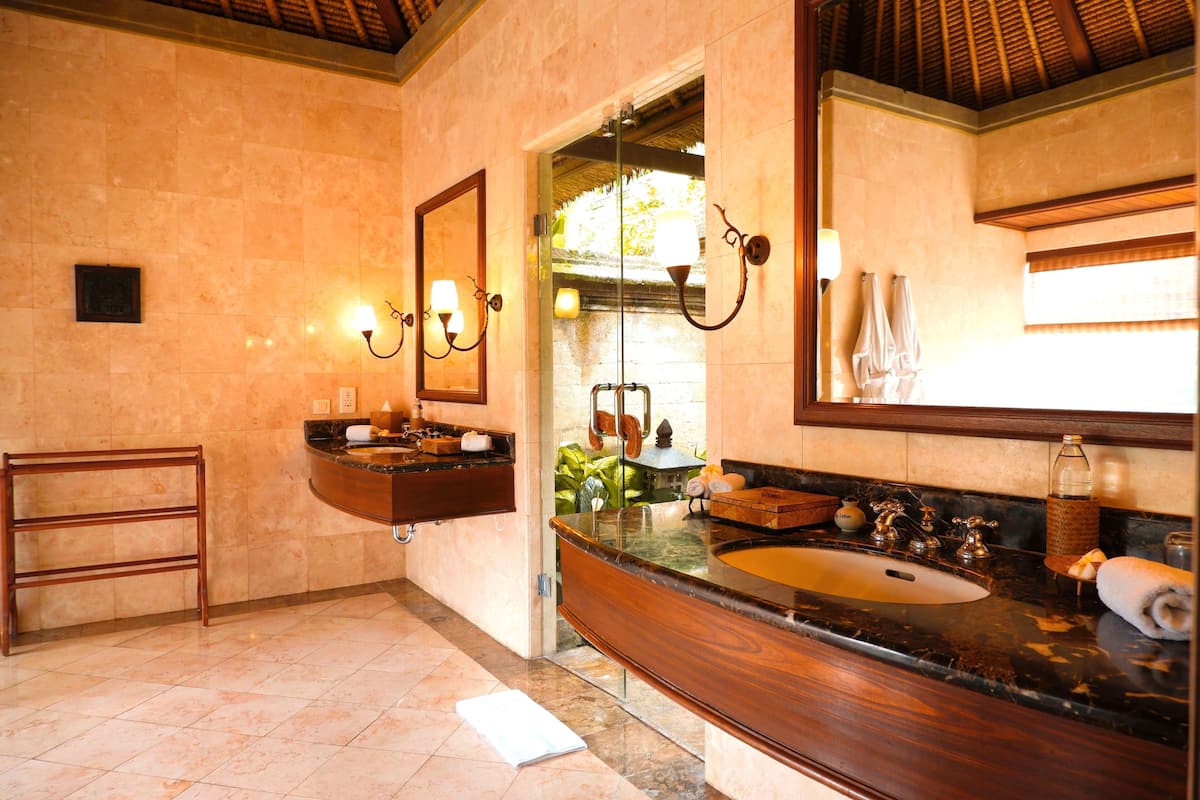 srikandi pool villa | bathroom | separate bathtub and shower, rainfall showerhead, free toiletries