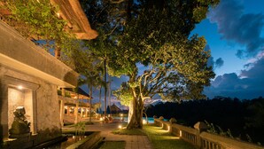 A well-lit pathway leading to a pool area with a large tree and a stone statue. - Puri Wulandari a Boutique Resort and Spa (Ubud)