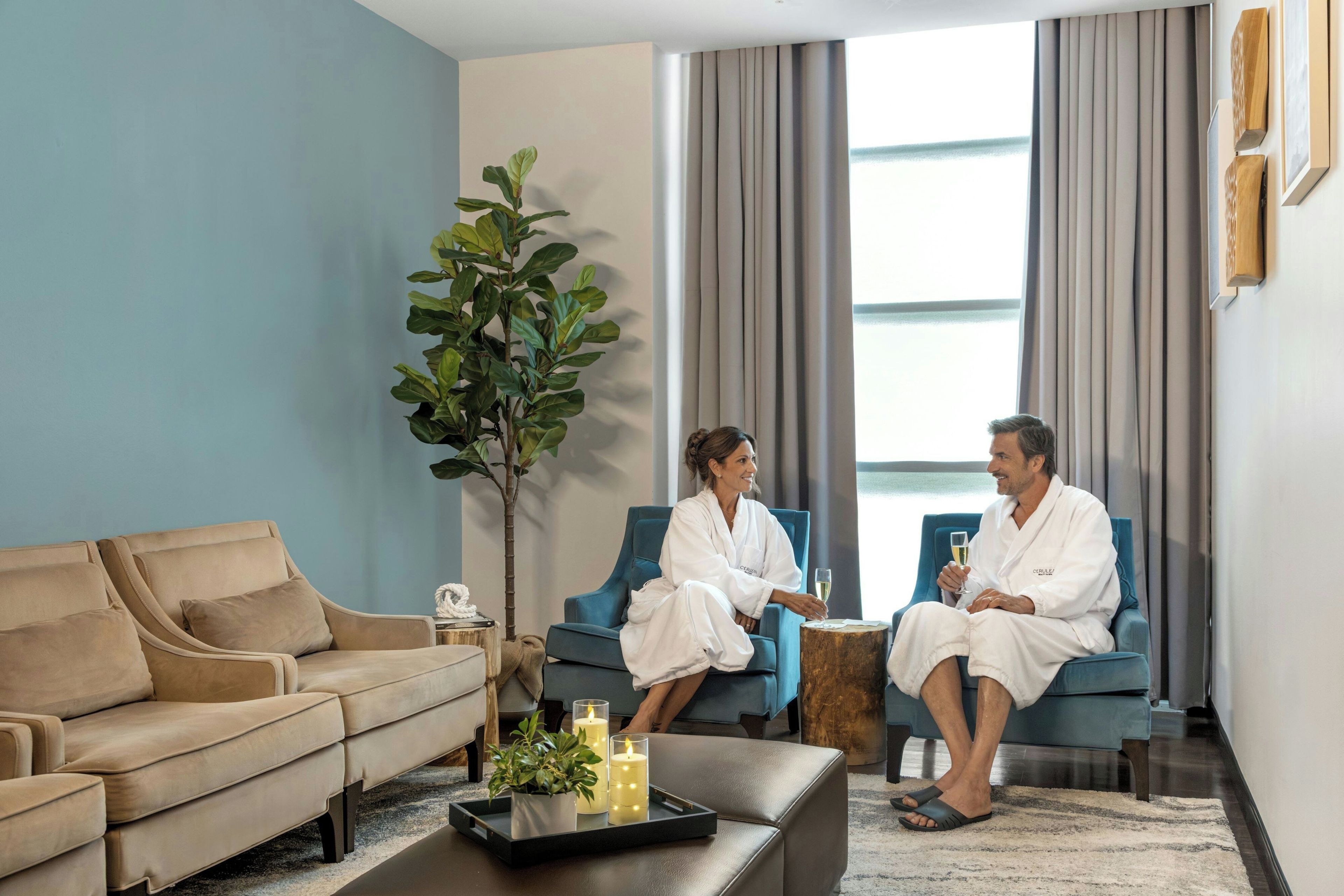 A modern living room with a beige sofa, a blue armchair, a large plant, and a small wooden side table.