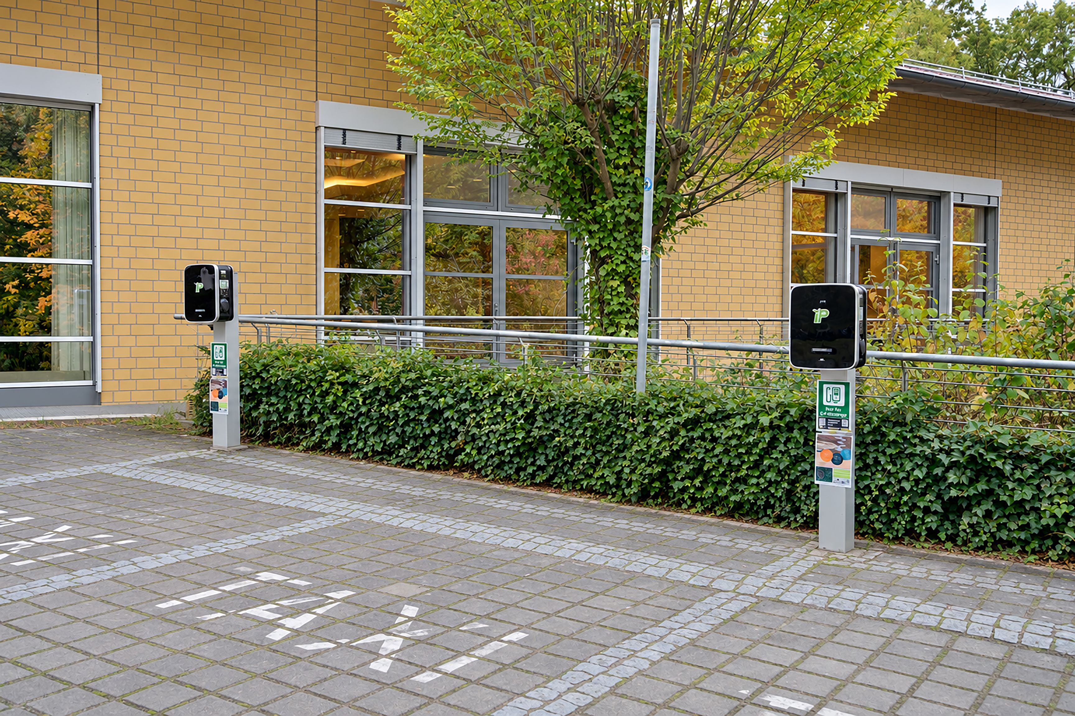 Ein Parkplatz mit Ladestationen für Elektrofahrzeuge, einem gepflasterten Weg und einem Gebäude mit großen Fenstern und einer Ziegel-Fassade.