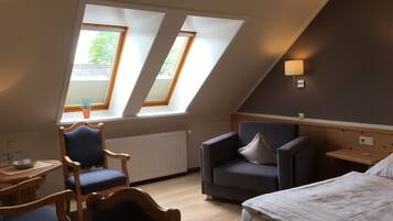 A room with a sloped ceiling, two skylights, a bed, a chair, a table, and a radiator.