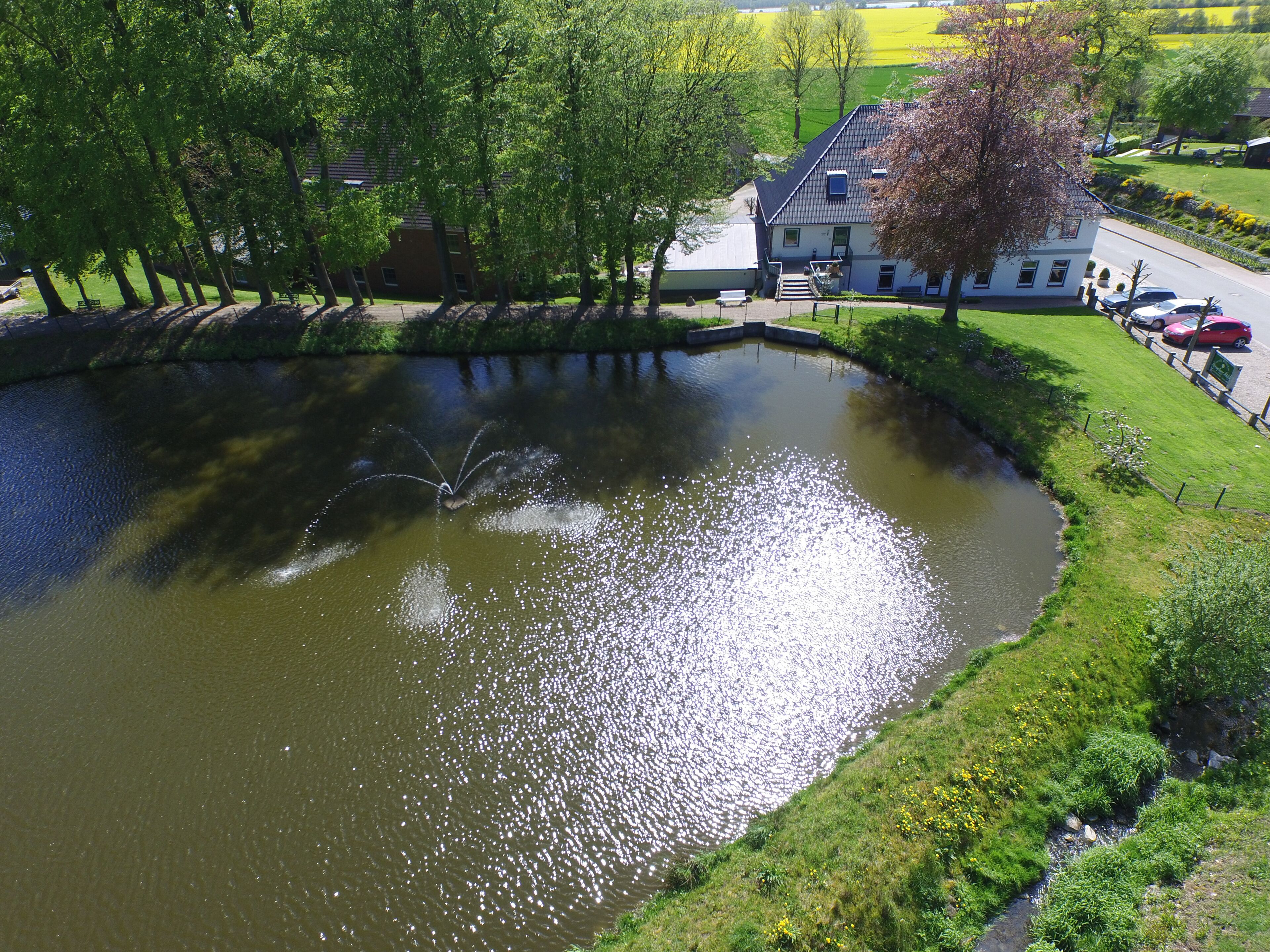 A pond with a fountain, surrounded by trees and a building with a sloped roof.