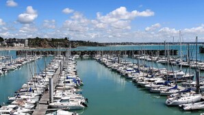 A marina with numerous boats docked in rows, a clear blue sky, and a distant shoreline with buildings. - ibis Granville Port de plaisance (Granville)