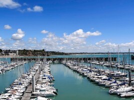 Uma marina com diversos barcos atracados em fileiras, céu claro e vista distante de uma cidade costeira.