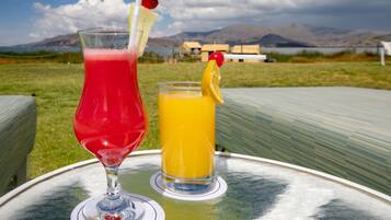 Two drinks on a table with a scenic view of mountains and a lake in the background.