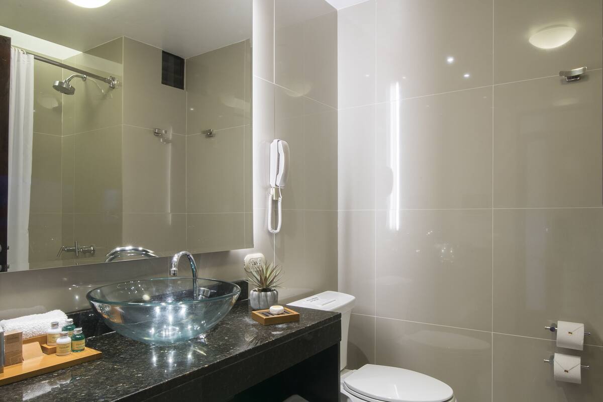 double room, 1 king bed, lake view | bathroom | shower, free toiletries, hair dryer, towels