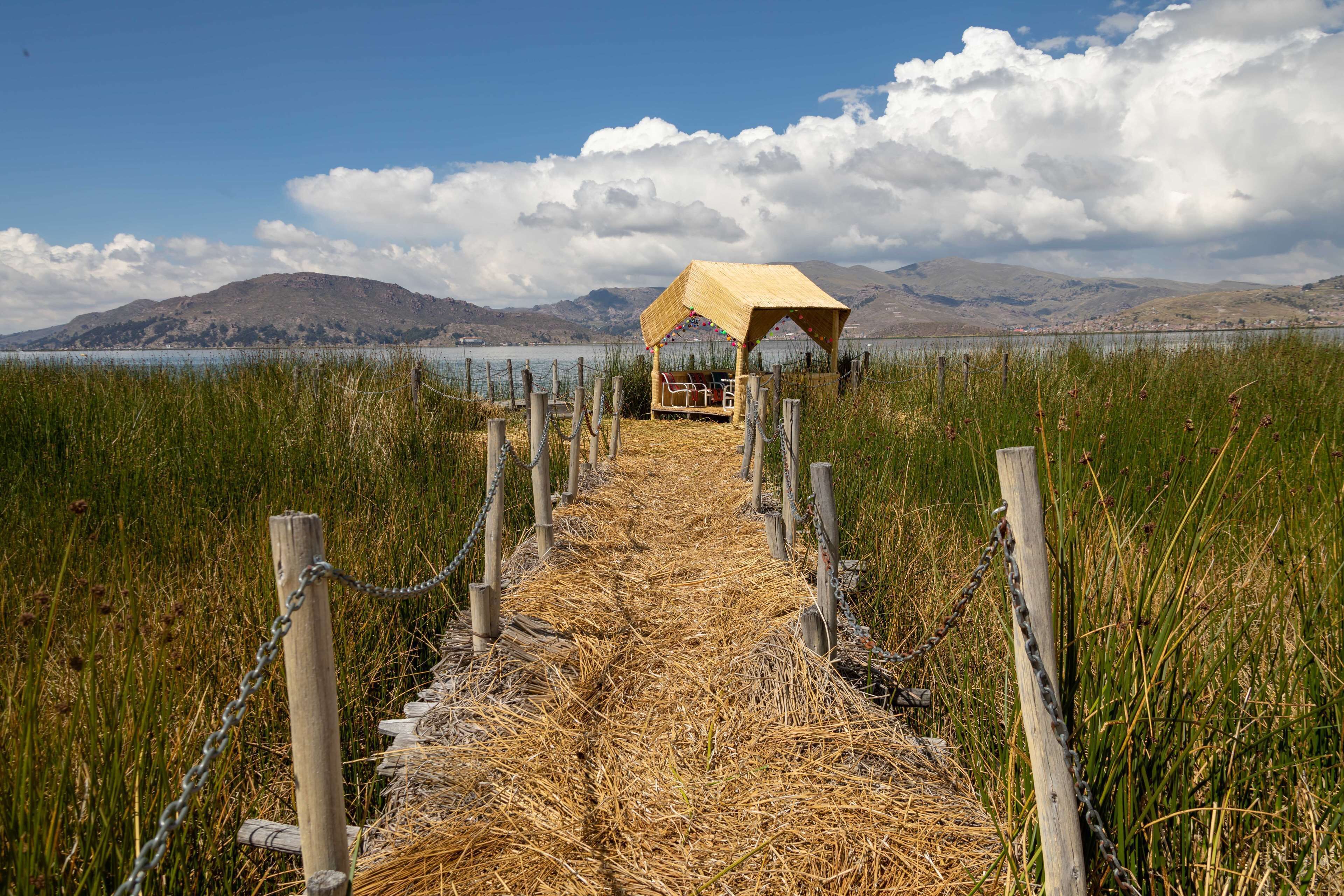 Un sentiero di legno rustico conduce a una costruzione con tetto di paglia, affacciata su un lago, circondata da erba alta e montagne sullo sfondo.