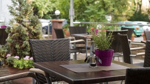 An outdoor seating area with wicker chairs and a table, a purple potted plant, and a small fountain in the background.