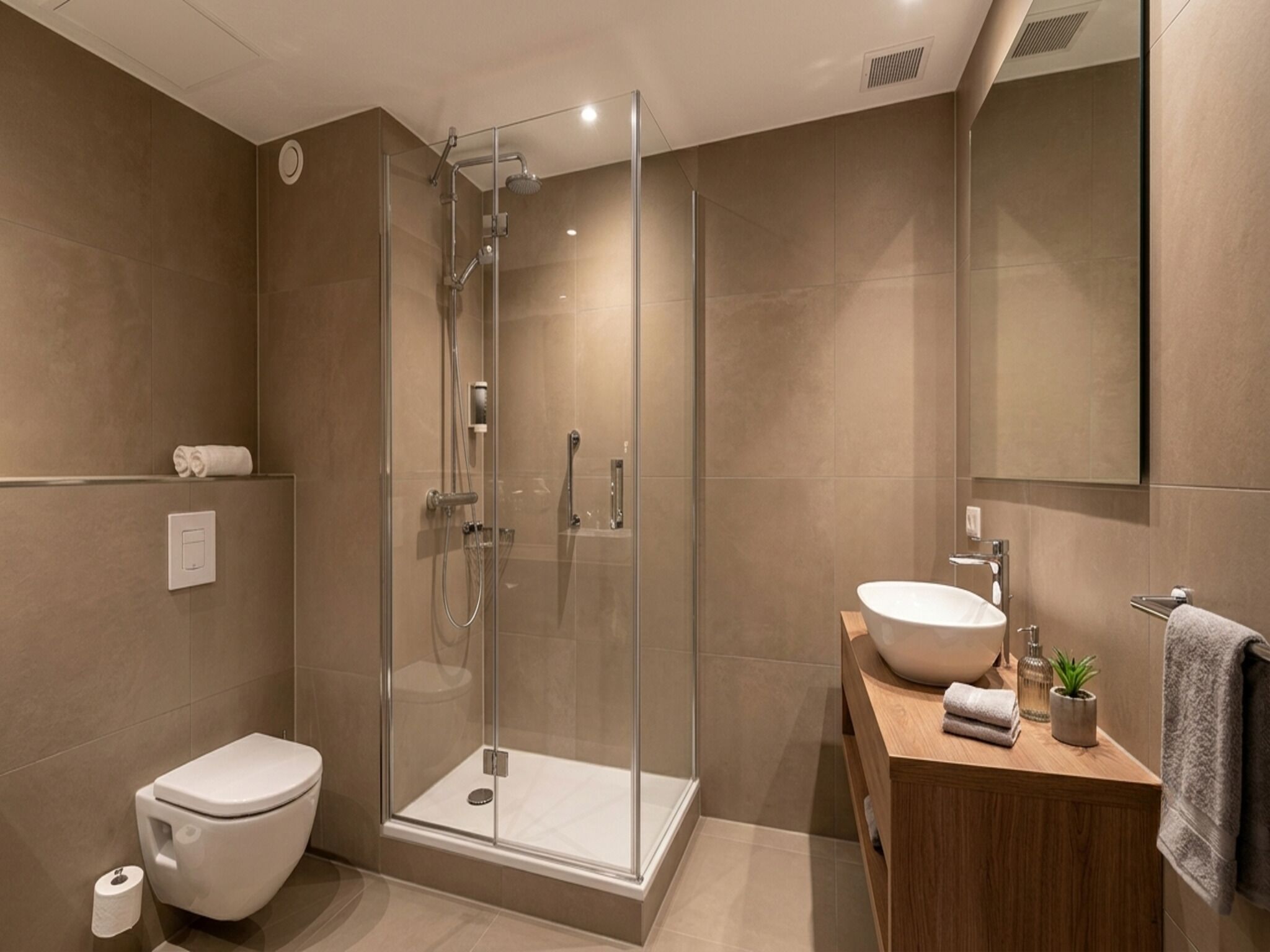 A modern bathroom with a glass-enclosed shower, a white toilet, a wooden vanity with a sink, and a mirror.