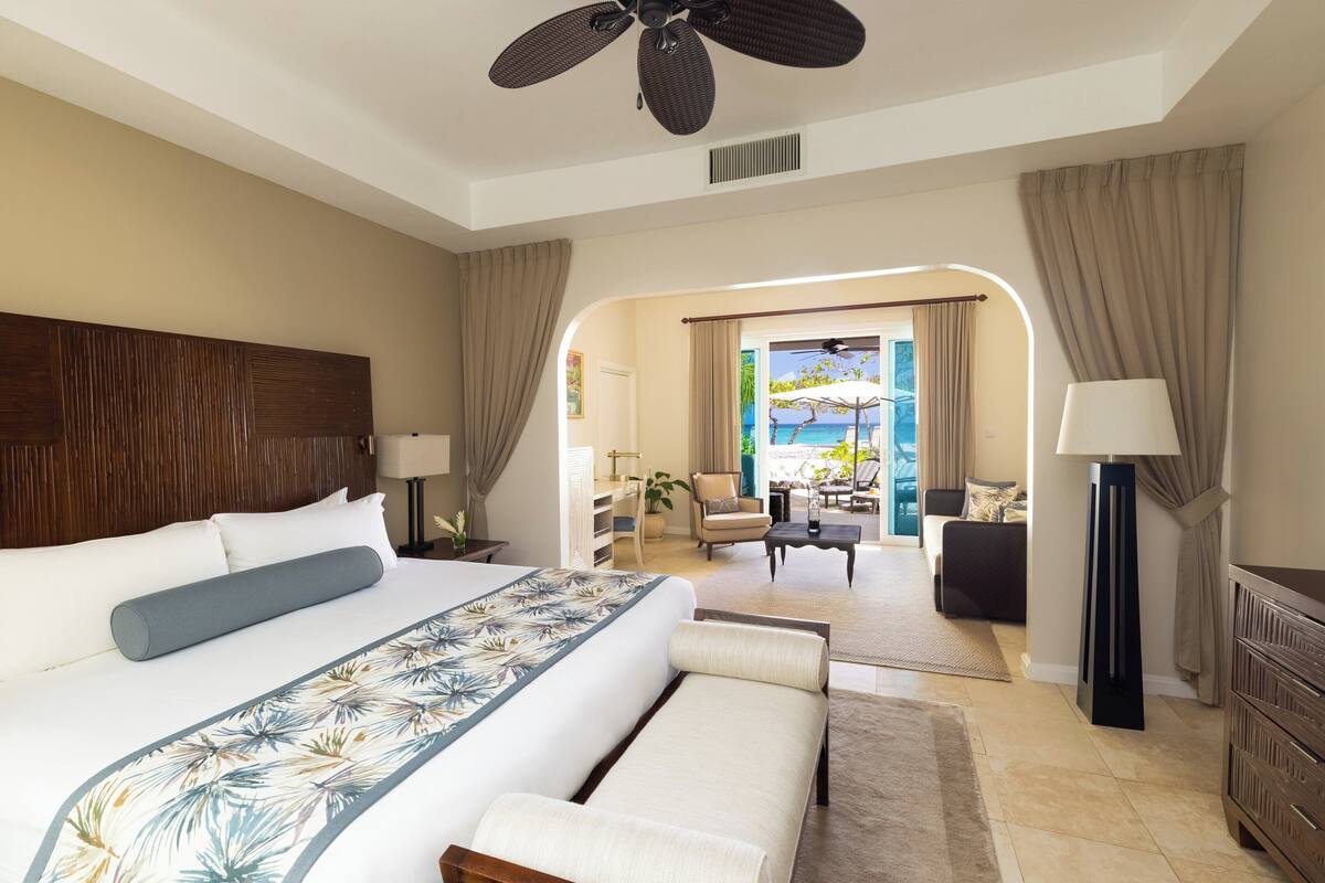 A spacious bedroom with a large bed, a ceiling fan, and a view of the outdoor area through an arched doorway.