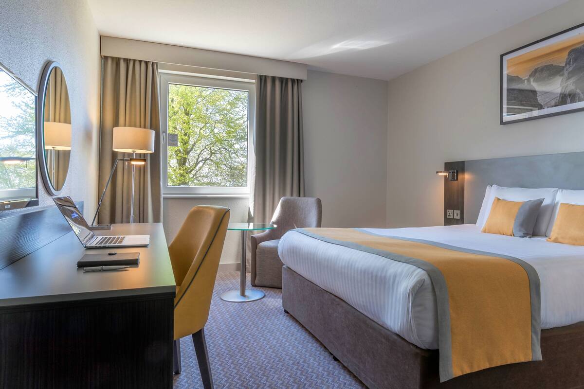 Ein Hotelzimmer mit Bett, Schreibtisch, Stuhl und einem fensterbepflanzten Fenster.