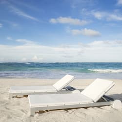 Private beach, white sand, sun-loungers, beach umbrellas