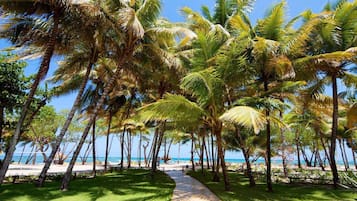 Plage, chaises longues, parasols, serviettes de plage