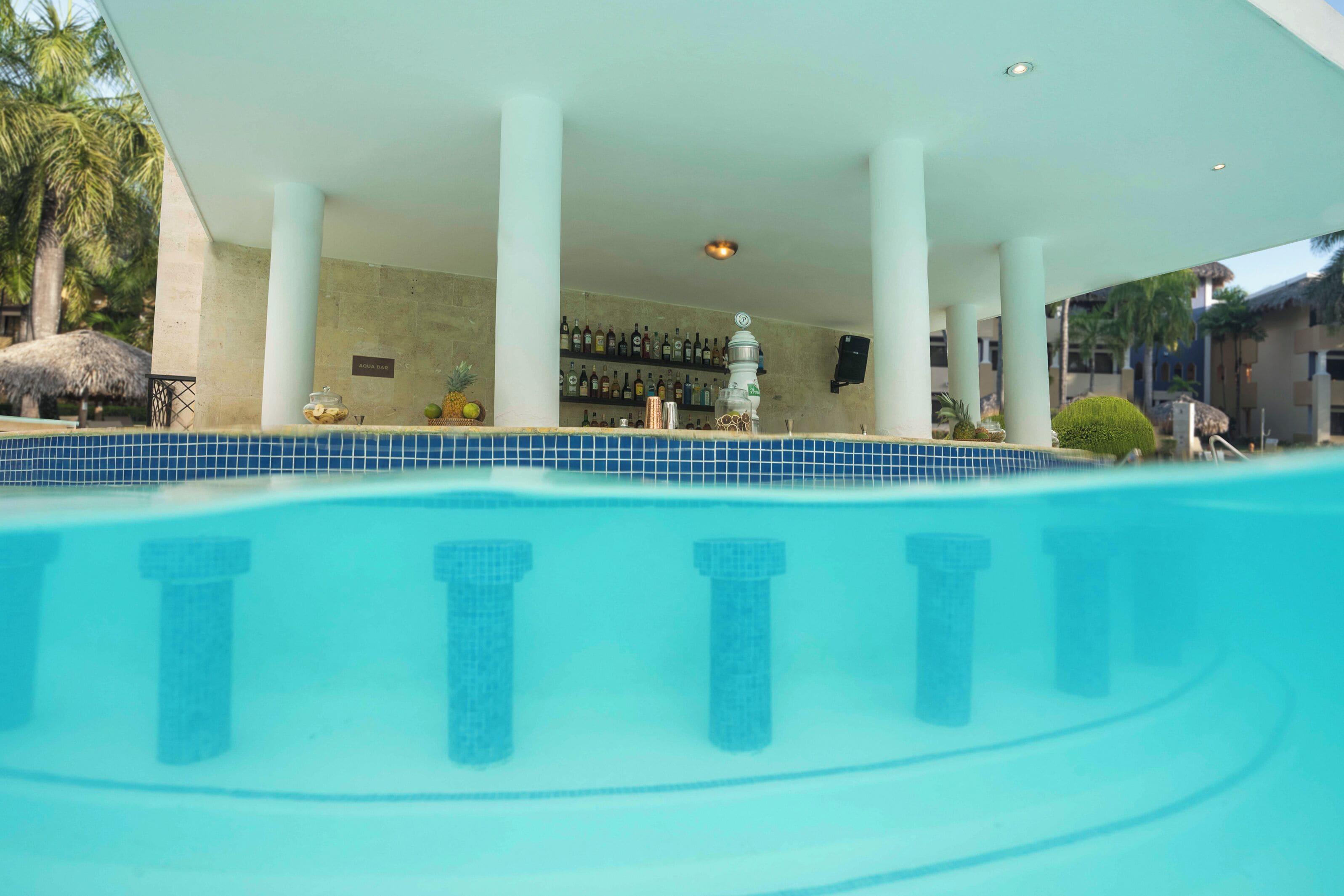 A pool area with a bar and lounge chairs, surrounded by palm trees and a thatched roof structure.