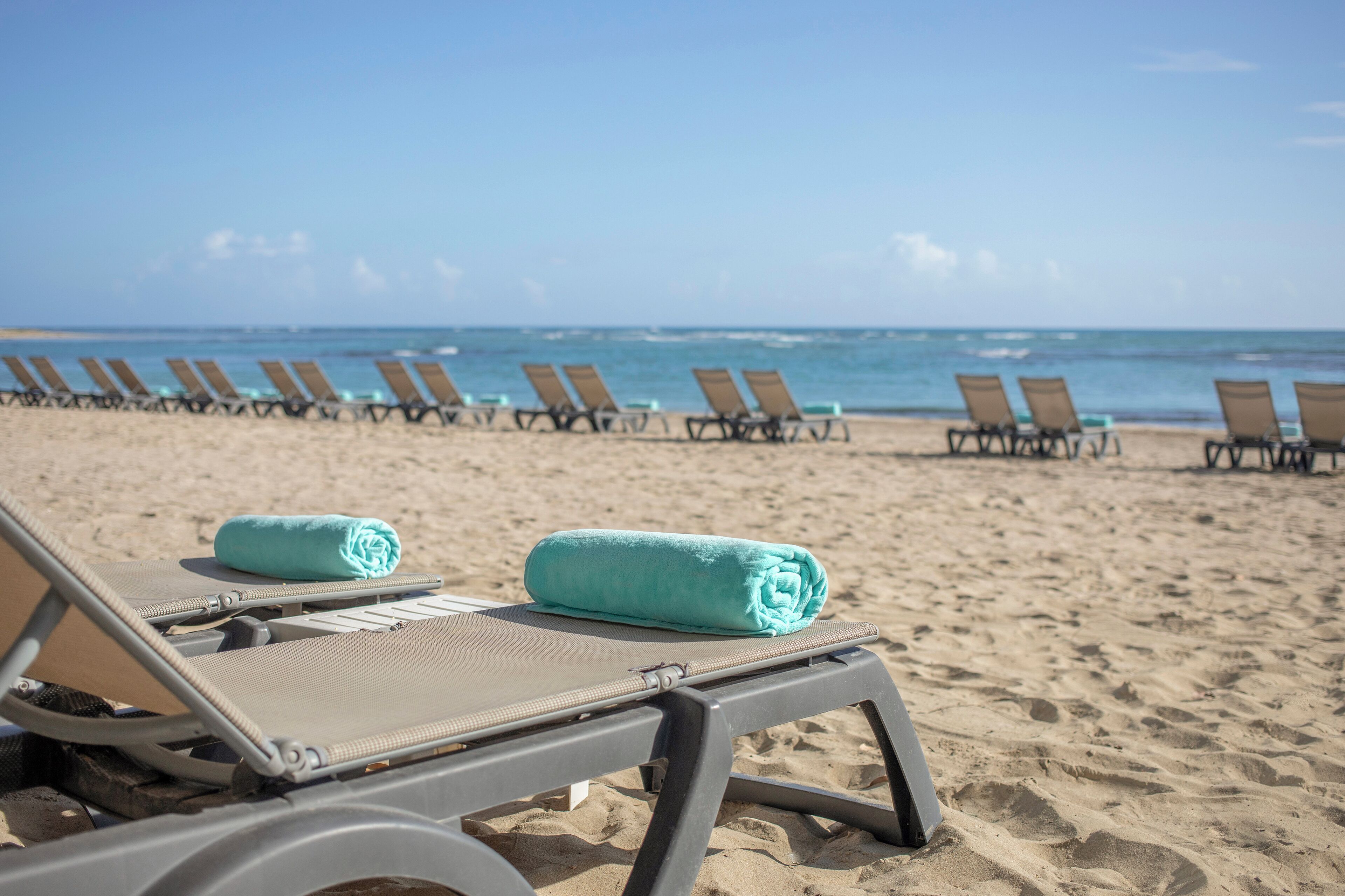A row of beach chairs with towels on them, arranged on a sandy beach with the ocean in the background.