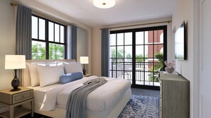 A hotel room with a large bed, two bedside tables with lamps, a view through a sliding glass door to an outdoor area, and a mounted TV on the wall. - The Cordova Inn, a New Hotel Collection Property (St. Petersburg)