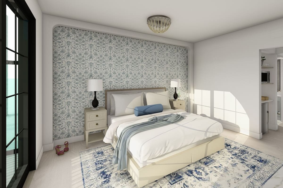 A modern bedroom with a large bed, two bedside tables, a nightstand, and a patterned wallpaper.