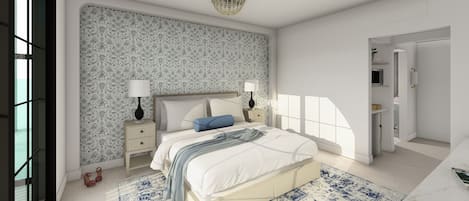 Un dormitorio moderno con una cama grande, dos mesitas de noche y un papel tapiz estampado.