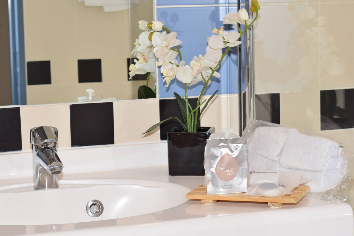 eco-friendly toiletries, hair dryer, slippers, towels