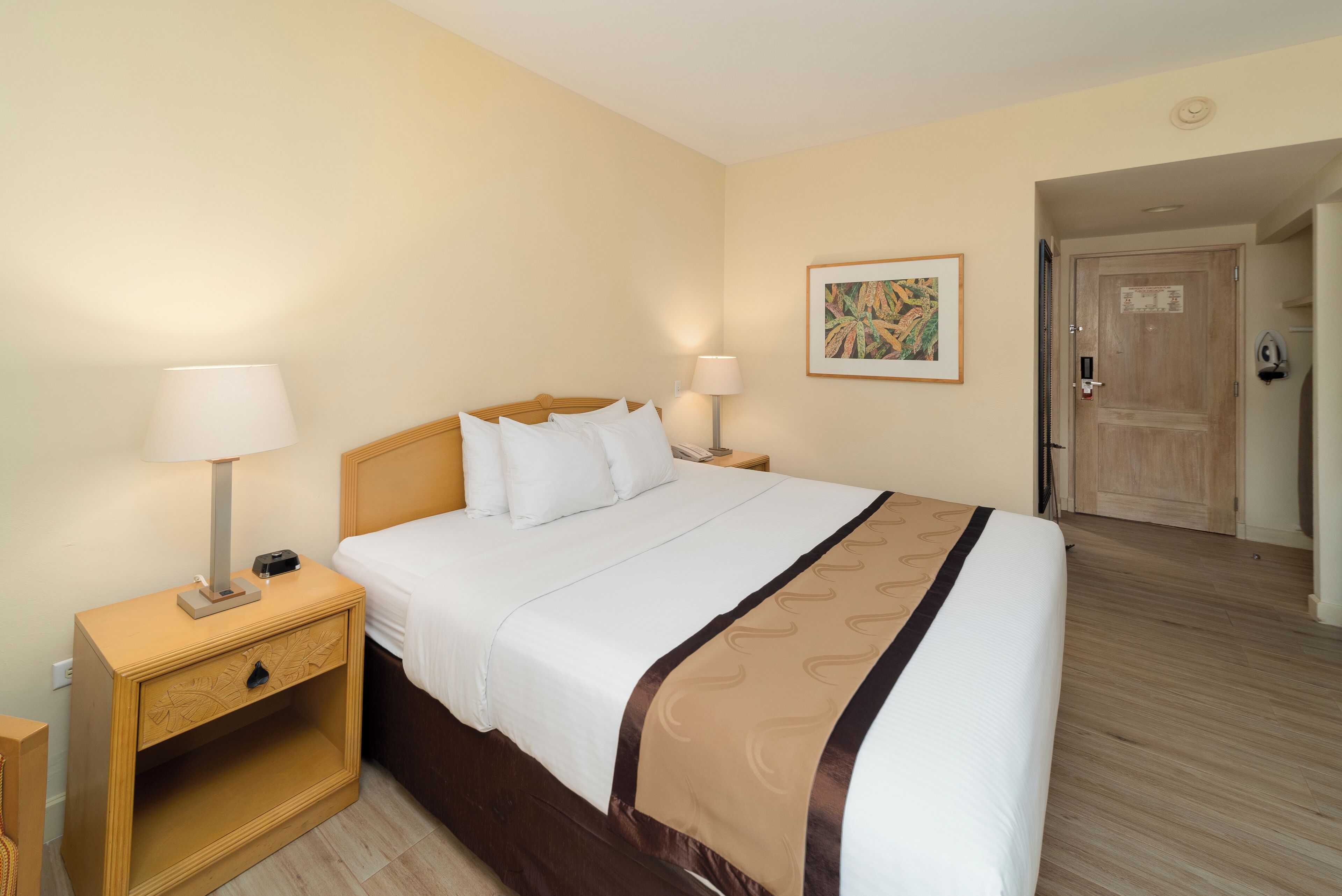 A hotel room with a large bed, two bedside tables with lamps, a wooden door, and a framed picture on the wall.