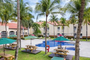 Outdoor pool, pool umbrellas, pool loungers