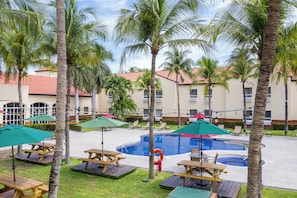 Outdoor pool, pool umbrellas, pool loungers