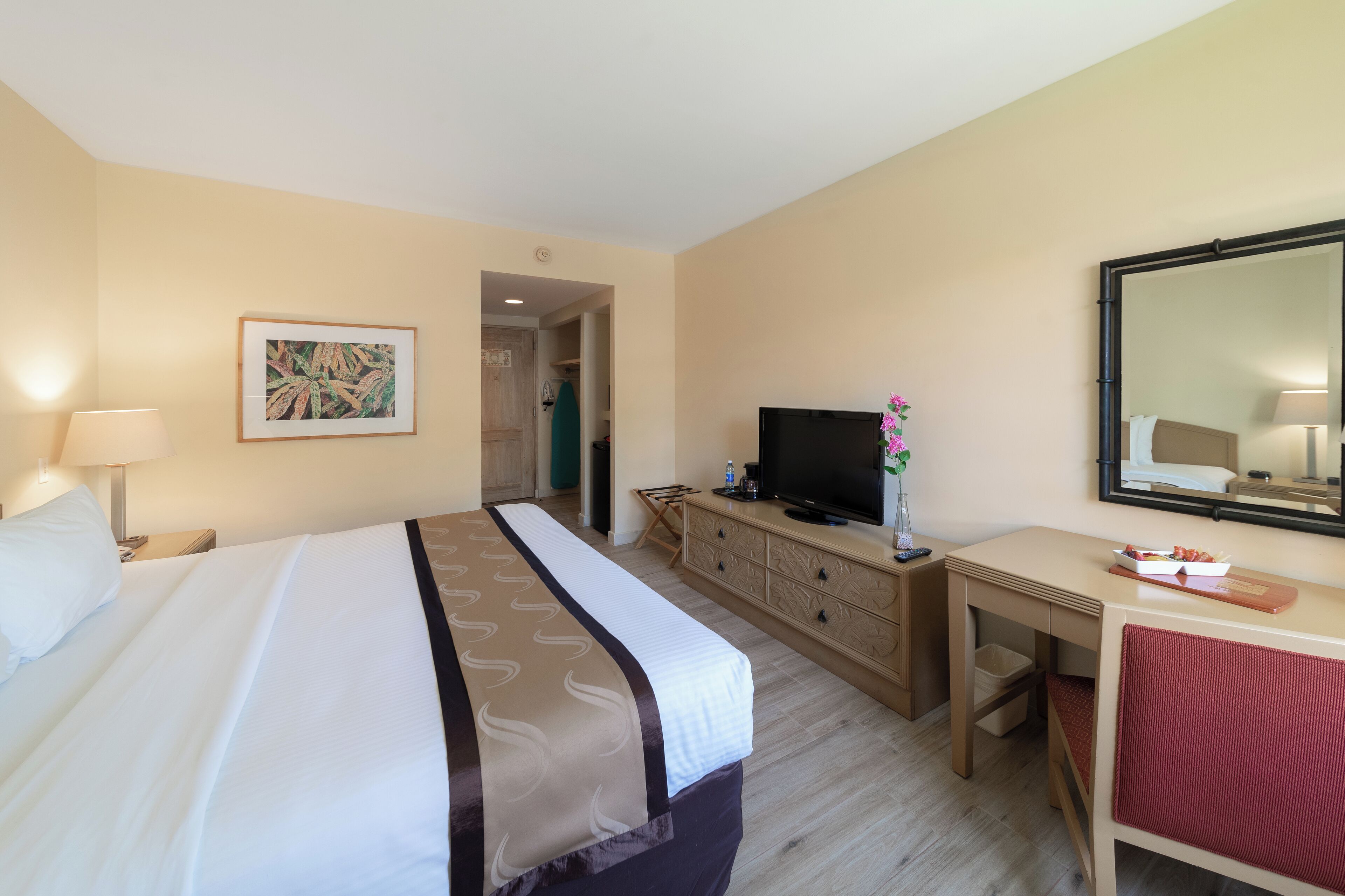 Una habitación de hotel con cama, escritorio, televisor, cómoda y espejo.