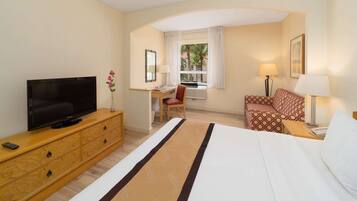 Minibar, desk, laptop workspace, iron/ironing board