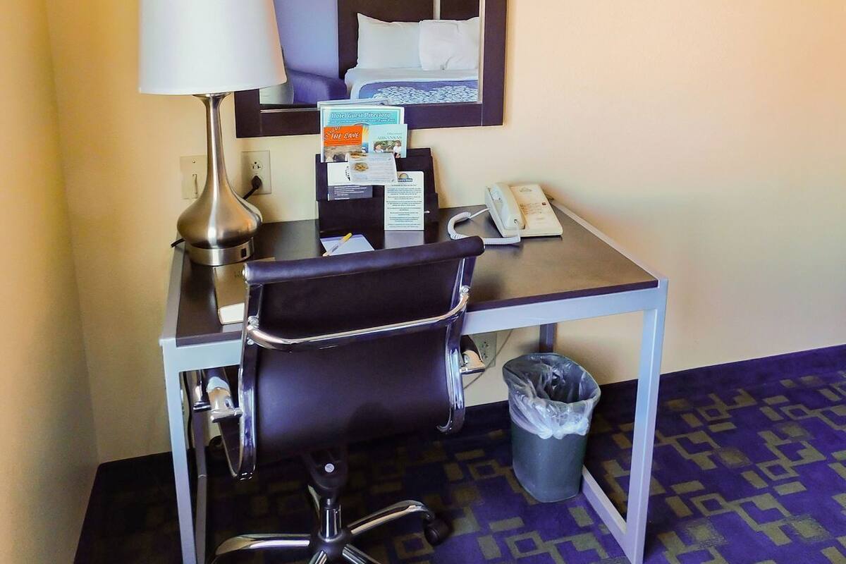 A hotel room with a desk, chair, lamp, telephone, and a trash bin.
