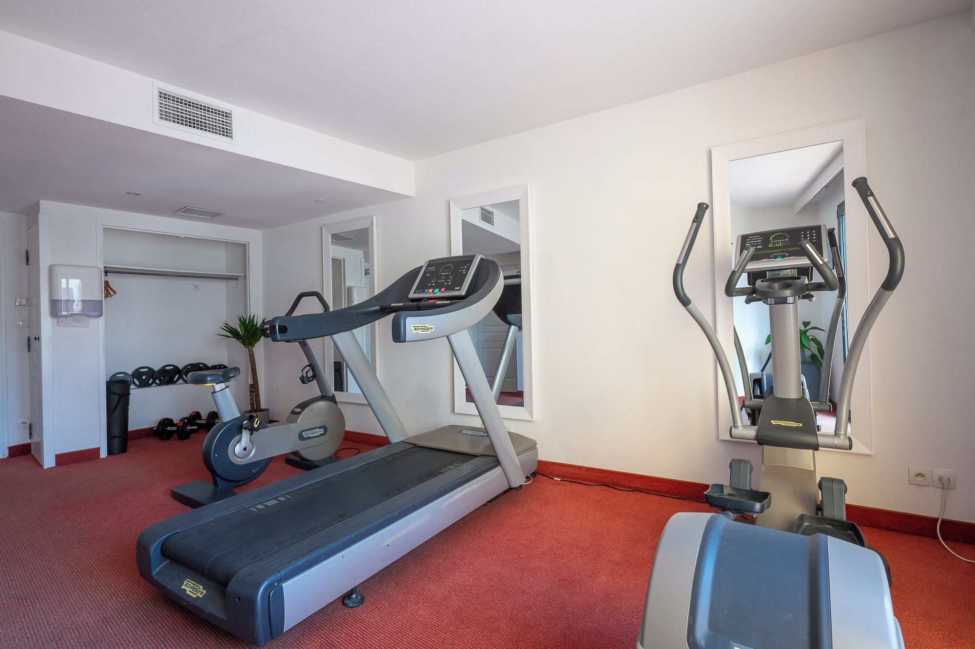 A fitness room with a treadmill, elliptical, and weights.