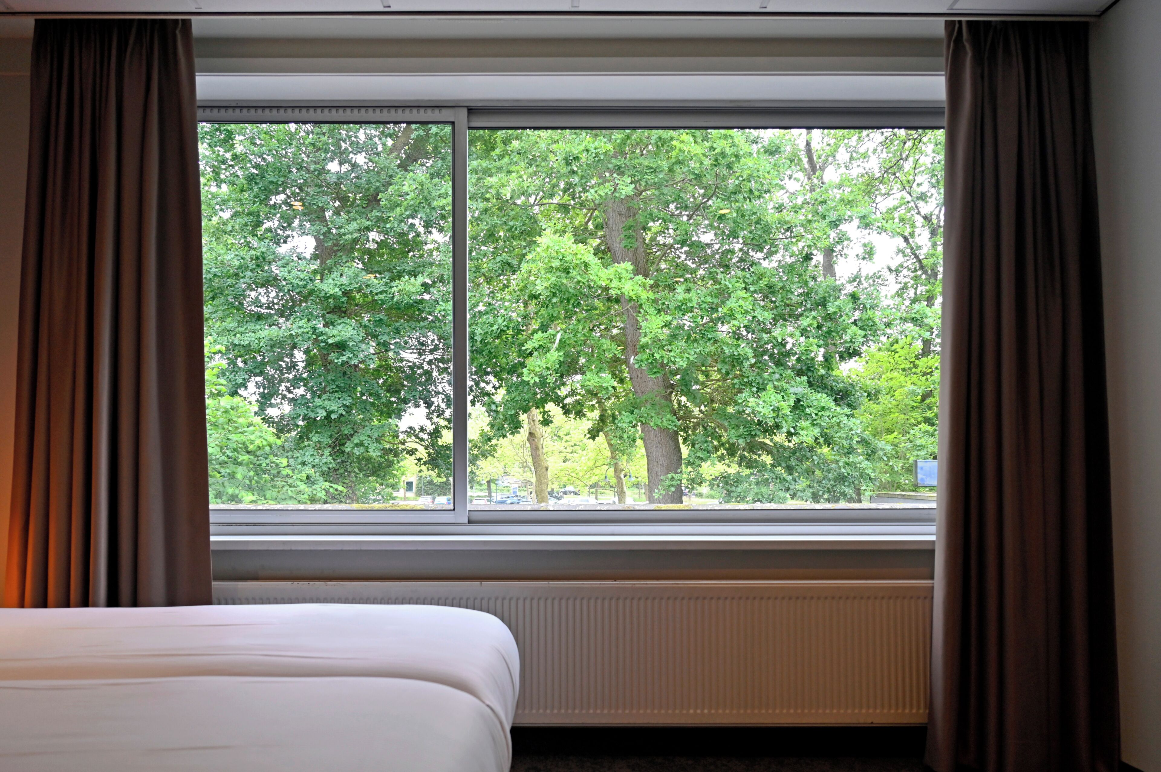 A hotel room with a bed, a window, and a view of trees.