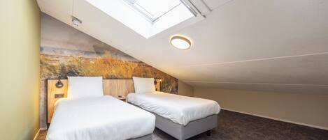 A bedroom with two beds, a skylight, and a wall-mounted light fixture.