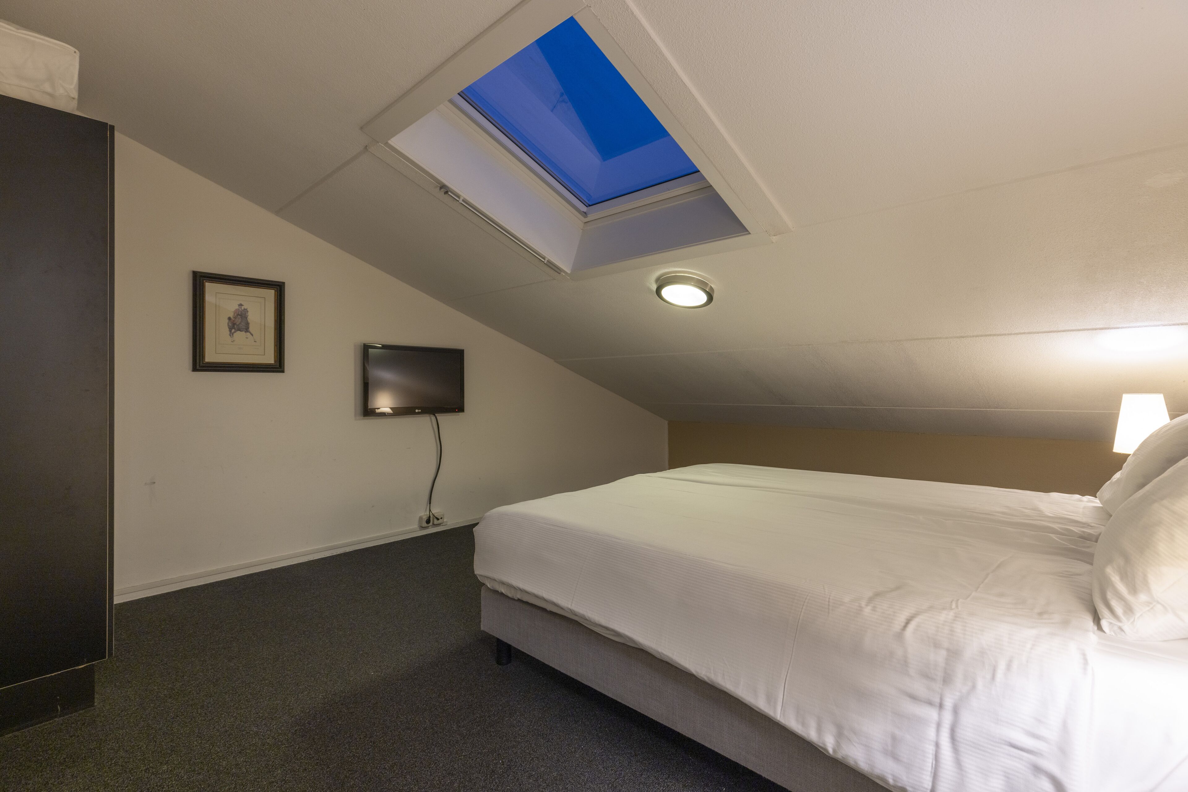 A hotel room with a skylight, a bed, a flat-screen TV, and a carpeted floor.
