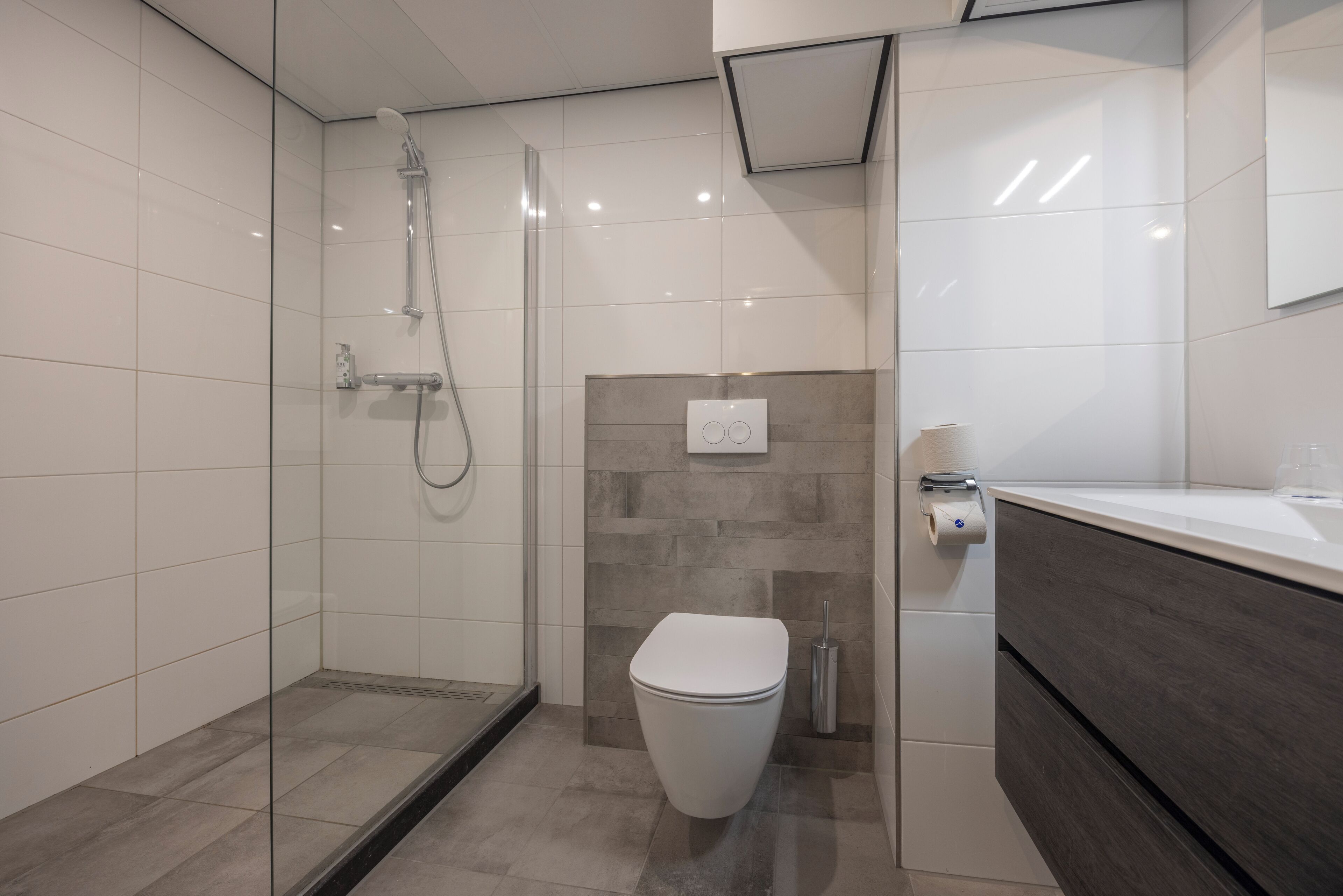 A modern bathroom with a glass-enclosed shower, a toilet, and a vanity with a mirror.