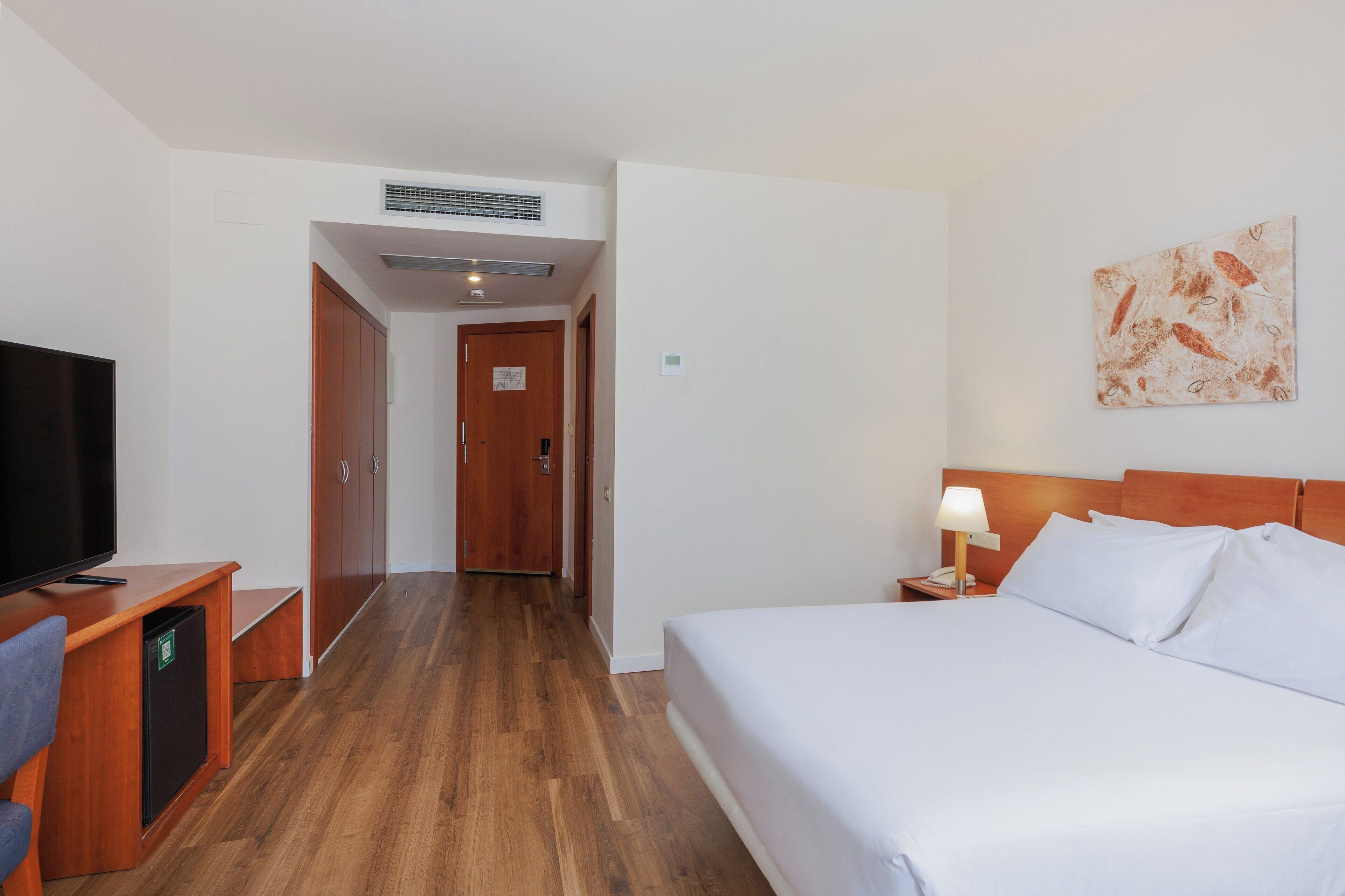 Una habitación de hotel con cama, televisión, escritorio y armario.