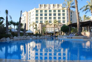Outdoor pool, pool umbrellas, pool loungers