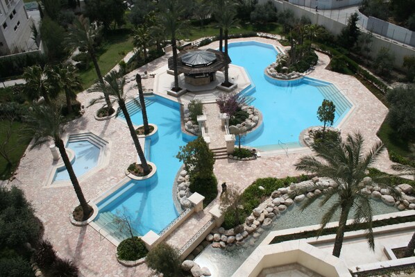 Outdoor pool, pool umbrellas, pool loungers