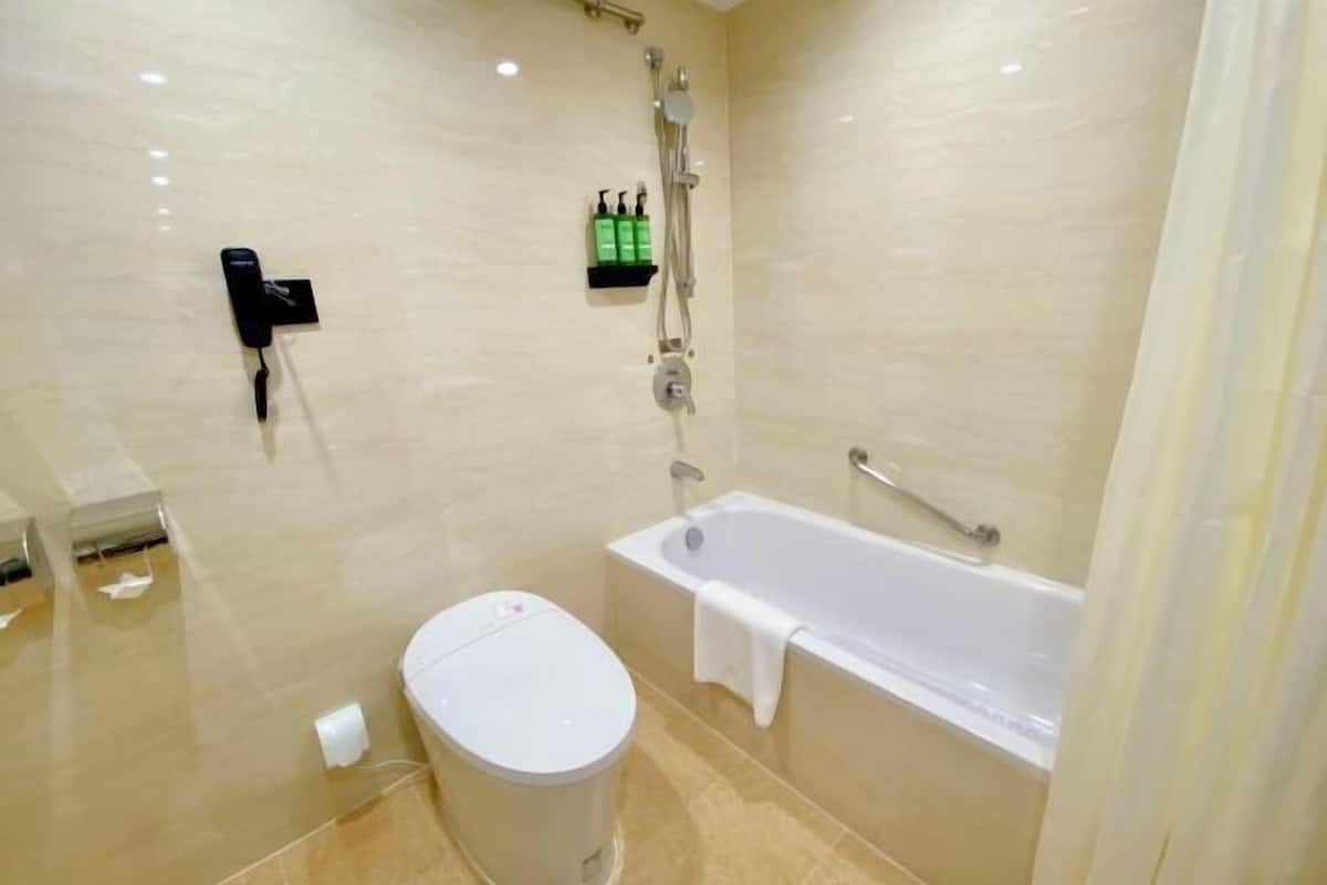 Hair dryer, slippers, towels, soap