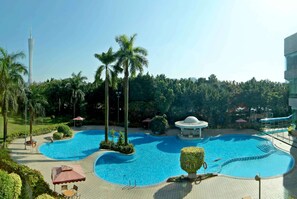 Indoor pool, outdoor pool, pool umbrellas, sun loungers