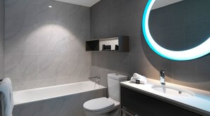 Shower, free toiletries, hair dryer, towels