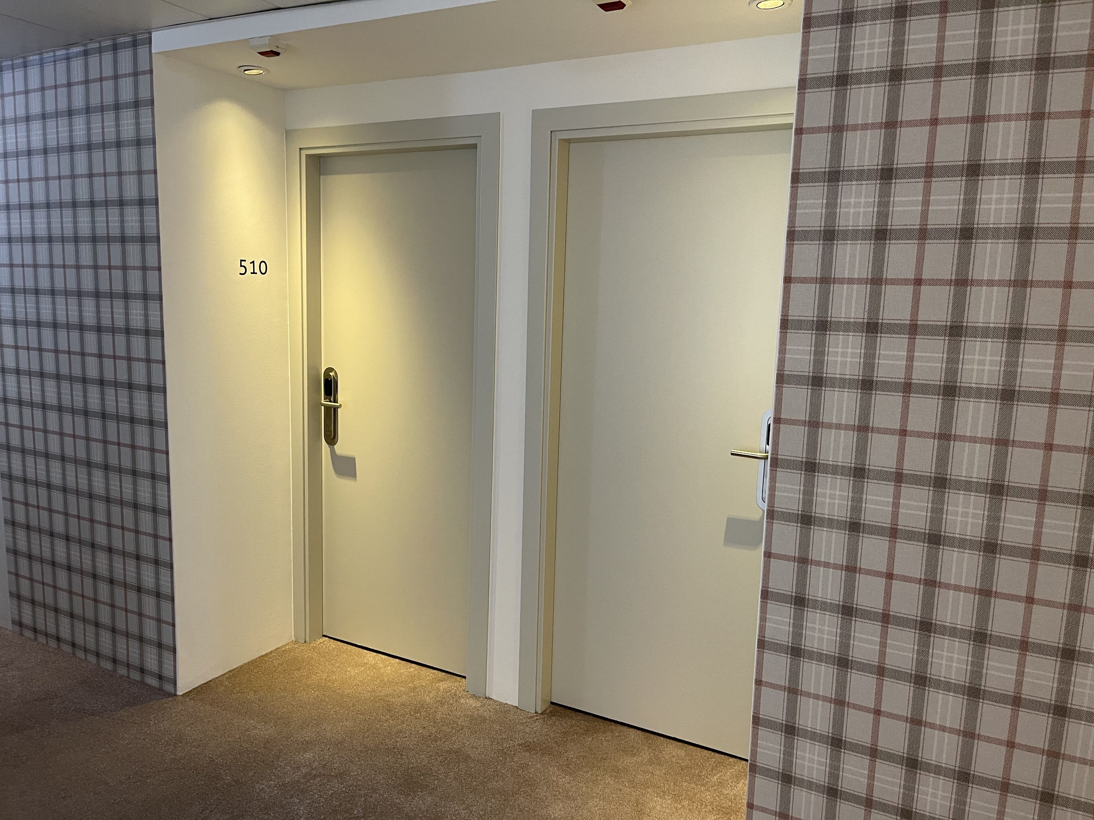A hallway with two closed doors, numbered 510, carpeted flooring, and a wall with a plaid pattern.